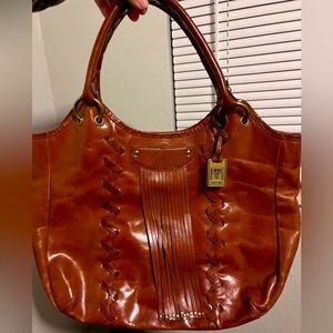 👀 FRYE HTF XL Layla Fringe Stud Cognac Glazed Leather Tote Handbag RARE